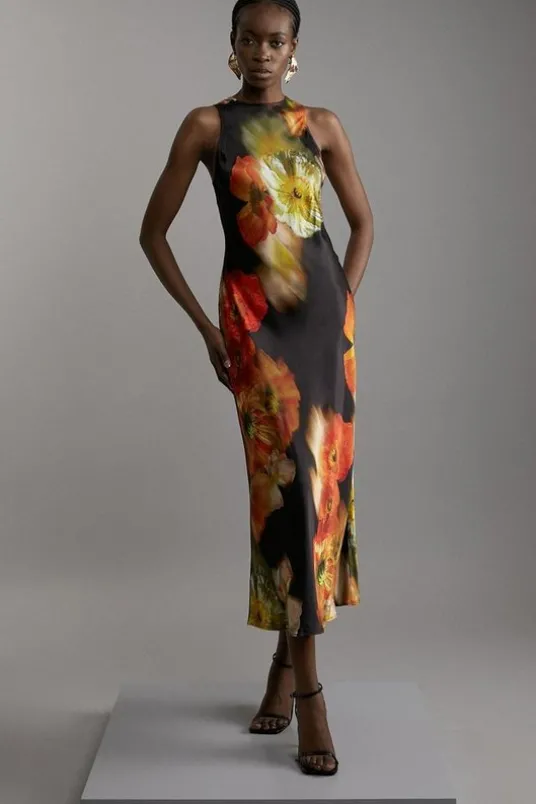 Floral Satin Woven Column Maxi Dress