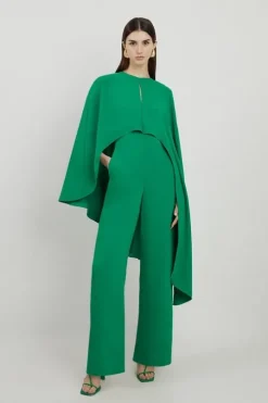 Fluid Tailored Asymmetric Draped Cape Straight Leg Jumpsuit