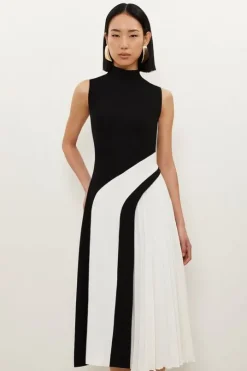Fluid Tailored Color Block High Neck Pleated Midi Dress