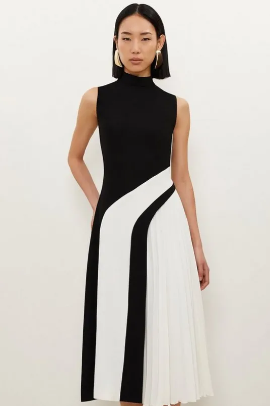 Fluid Tailored Color Block High Neck Pleated Midi Dress