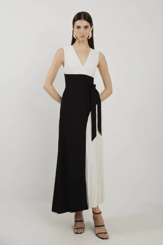 Fluid Tailored Color Block Side Pleated Midi Dress