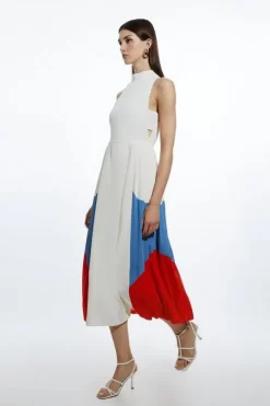 Fluid Tailored Colour Block Pleated Full Skirted Maxi Dress