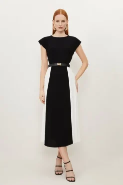 Fluid Tailored Contrast Pleated Panel Skirt Midi Dress