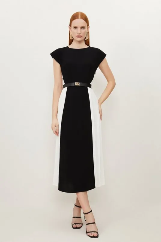 Fluid Tailored Contrast Pleated Panel Skirt Midi Dress