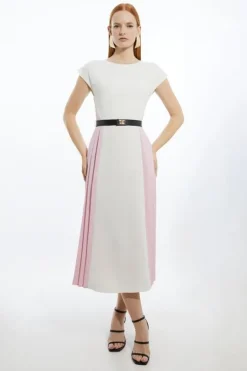 Fluid Tailored Contrast Pleated Panel Skirt Midi Dress