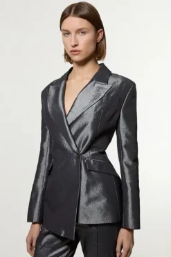Fluid Tailored Metallic Asymmetric Wrap Blazer