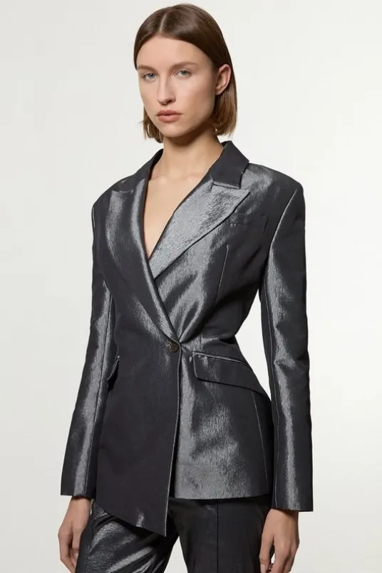 Fluid Tailored Metallic Asymmetric Wrap Blazer