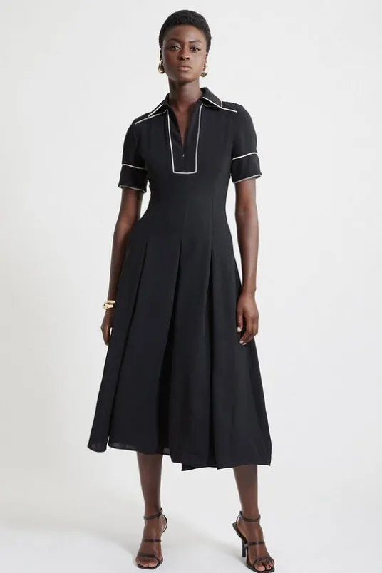Fluid Tailored Tipped Full Skirted Midi Dress