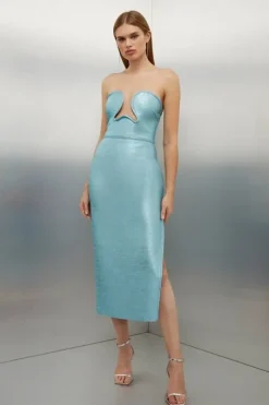 Foiled Figure Form Bandage Corset Detail Knit Midi Dress