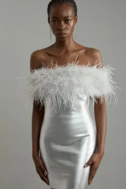 Foiled Figure Form Bandage Knit Feather Off The Shoulder Mini Dress