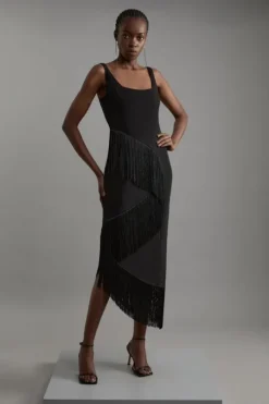 Fringe Tassel Drape Tailored Pencil Midi Dress