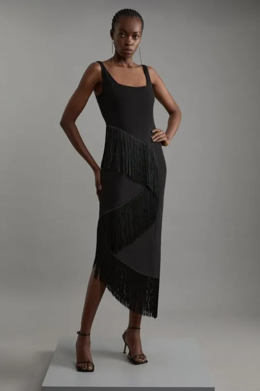 Fringe Tassel Drape Tailored Pencil Midi Dress