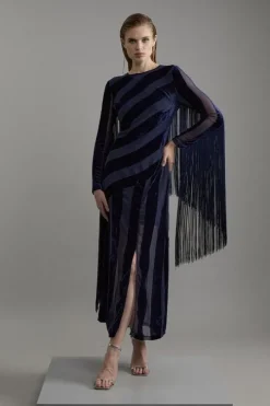 Fringed Velvet Devore Long Sleeve Woven Maxi Dress