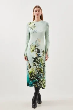 Garden Floral Woven Viscose Satin Midi Dress