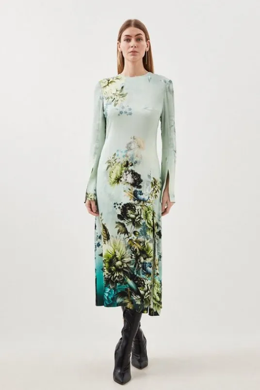 Garden Floral Woven Viscose Satin Midi Dress