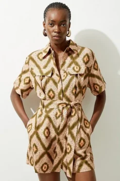 Geo Viscose Linen Belted Woven Romper