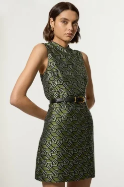 Geometric Jacquard Twill Tailored Belted Mini Dress