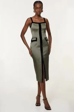 Geometric Jacquard Velvet Mix Tailored Strappy Midi Dress