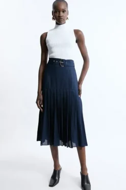 Georgette Asymmetric Pleat Woven Midi Skirt