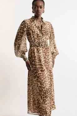Georgette Belted Leopard Woven Shirt Dress