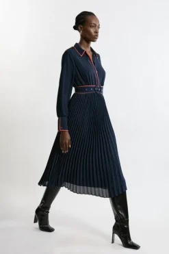 Georgette Pleated Piping Detail Woven Belted Maxi Dress