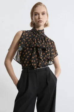 Georgette Spot Pussy Bow Tie Woven Blouse