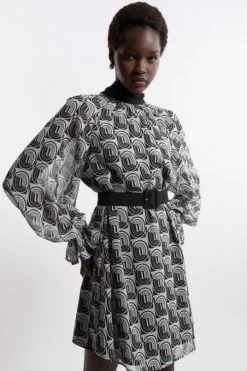 Georgette Tie Neck Belted Woven Mini Dress