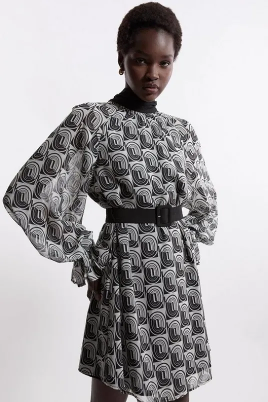 Georgette Tie Neck Belted Woven Mini Dress