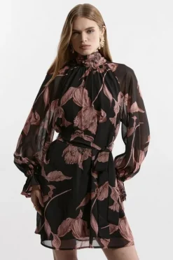 Georgette Tie Neck Woven Mini Dress