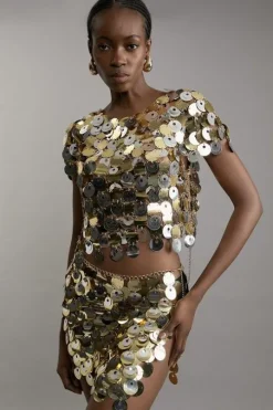 Gold And Silver Disc Sequin Mini Skirt