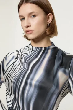 Graduated Stripe Viscose Satin High Neck Blouse