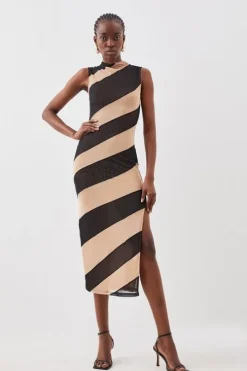 Graphic Mesh High Neck Midi Dress