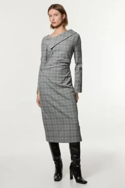 Grey Check Tailored Asymmetrical Collared Fitted Maxi Dress