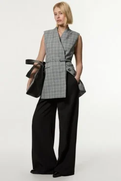 Grey Check Tailored Collarless Belted Sleeveless Blazer