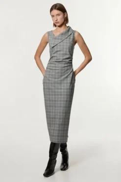 Grey Check Tailored Full Skirted Asymmetrical Maxi Dress