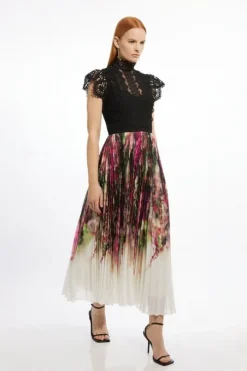 Guipure Lace Floral Printed Pleated Woven Maxi Dress