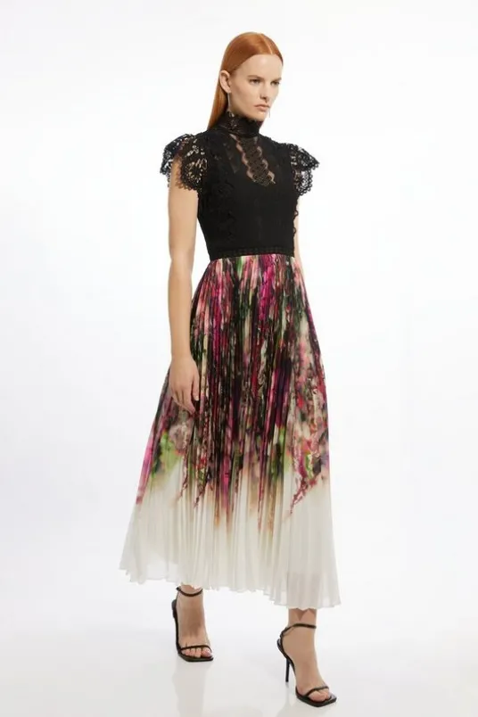 Guipure Lace Floral Printed Pleated Woven Maxi Dress