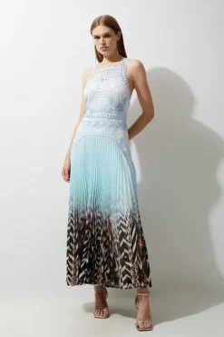 Guipure Lace Printed Pleated Racer Woven Maxi Dress