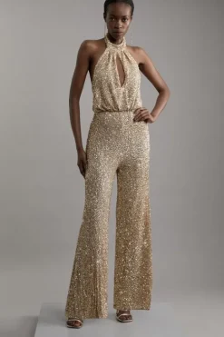 Halter Jersey Stretch Sequin Wide Leg Jumpsuit