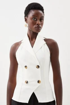 Halter Neck Button Front Bandage Knit Top