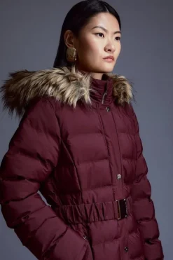 Heat Seal Puffer Belted Faux Fur Hood Longline Jacket