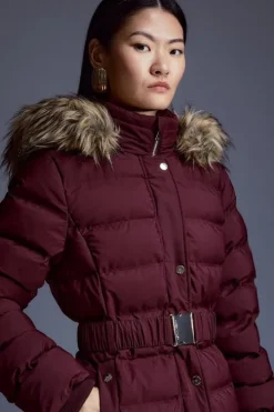 Heat Seal Puffer Belted Faux Fur Hood Jacket