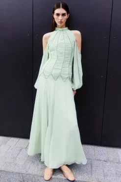 High Neck Embellished Ruched Georgette Woven Maxi Dress