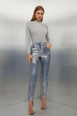 High Rise Slim Leg Silver Foiled Jeans