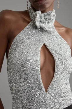 Highneck Backless Rosette Sequin Bodysuit