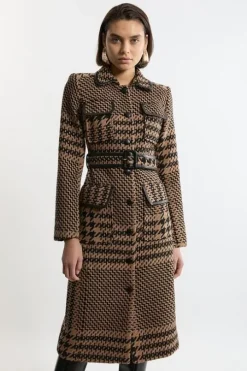 Houndstooth Check Pocket Detail Belted Pu Tipped Tailored Midaxi Coat