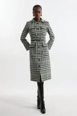 Houndstooth Check Pocket Detail Belted Pu Tipped Tailored Midaxi Coat