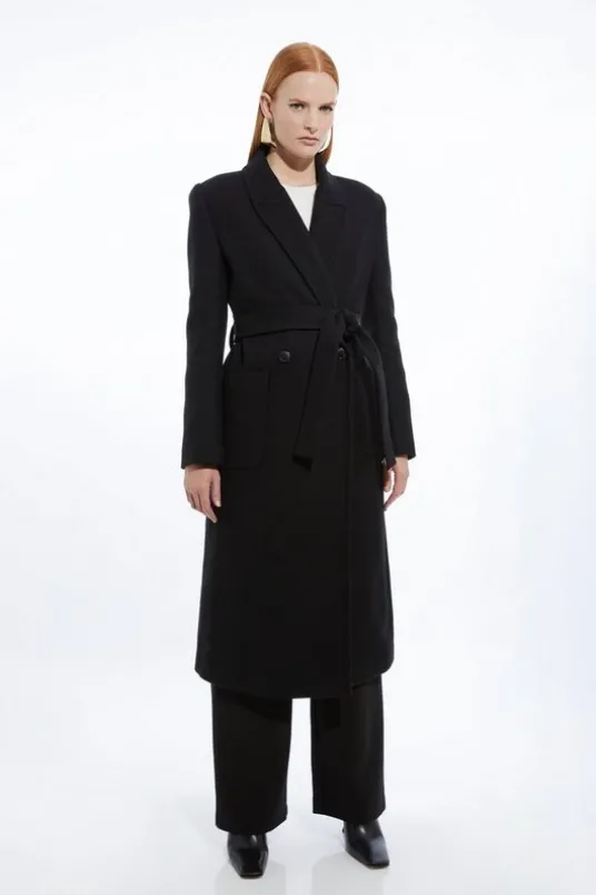 Italian Manteco Wool Blend Wrap Belted Tailored Midi Coat