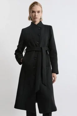 Italian Manteco Wool Blend Asymmetric Button Belted Tailored Midi Coat