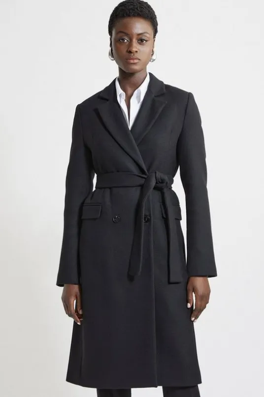 Italian Manteco Wool Blend Tailored Belted Midi Coat